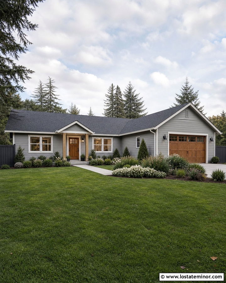 Light Grey Ranch House With Charcoal Privacy Fence - 30 Light Grey House Design With Fence Ideas