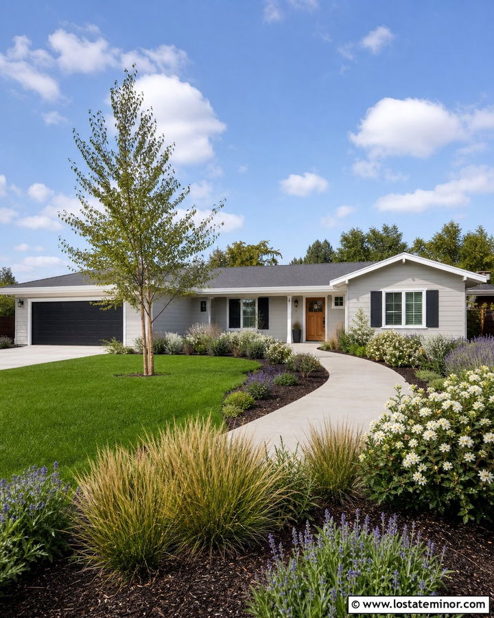 Light Grey Ranch House With Curved Front Walkway - 30 Light Grey House Design With Front Yard Ideas