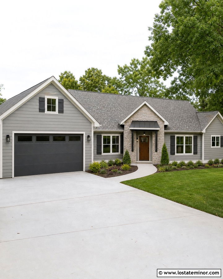 Light Grey Ranch House With Dark Grey Garage Door - 30 Light Grey House Design With Garage Door Ideas