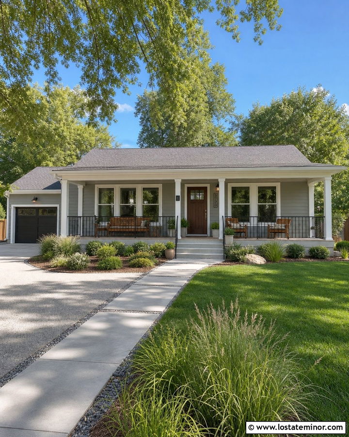 Light Grey Ranch House With Deep Front Porch - 30 Light Grey House Design With Front Porch Ideas