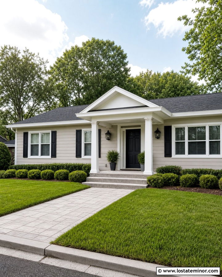 Light Grey Ranch House With Gable Portico - 30 Light Grey House Design With Portico Ideas