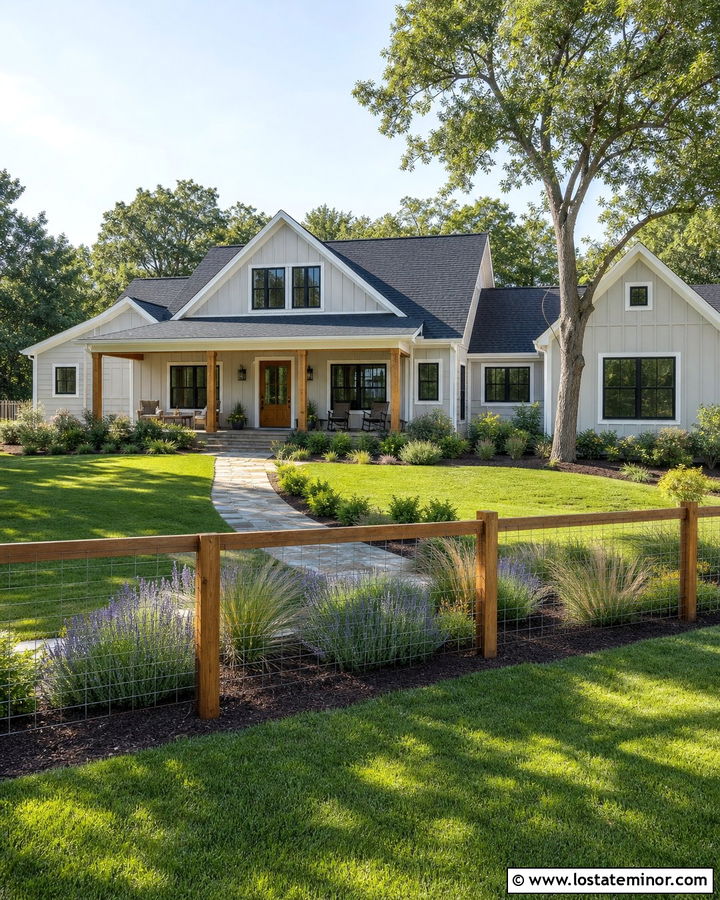 Light Grey Ranch House With Hog Wire Fence - 30 Light Grey House Design With Fence Ideas