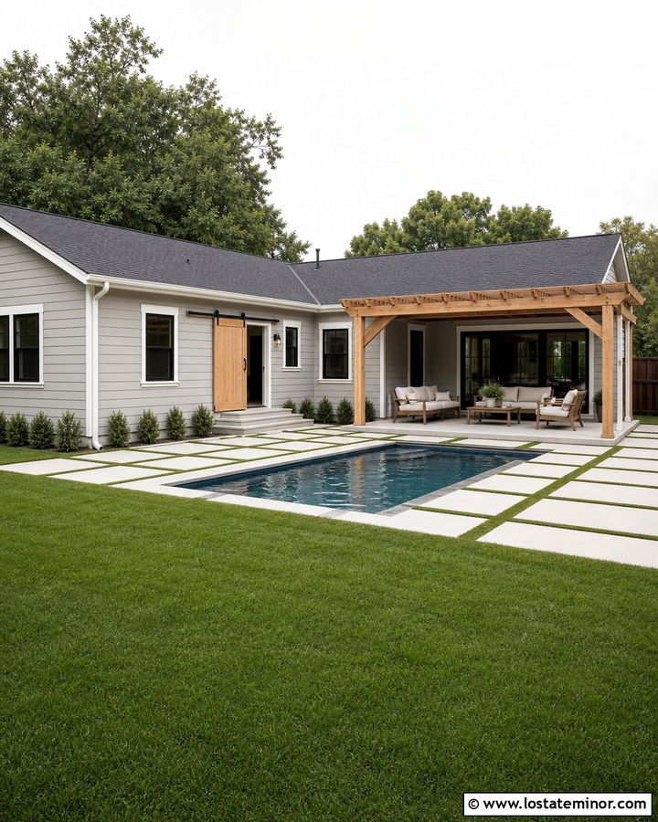 Light Grey Ranch House With Small Pool - 30 Light Grey House Design With Swimming Pool Ideas