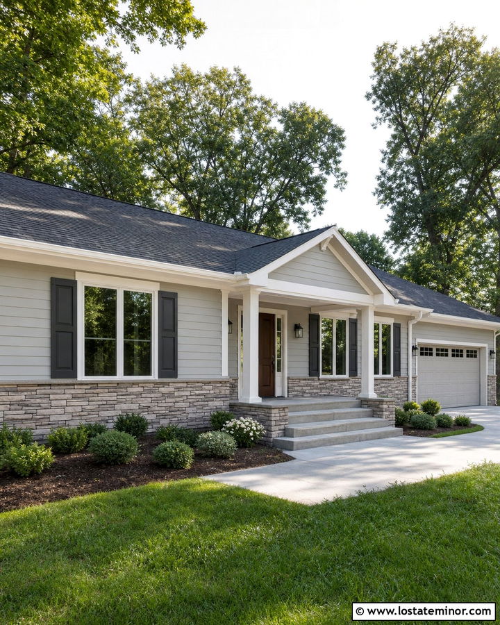 Light Grey Ranch House With Stone Wainscoting - 30 Light Grey House Design With Stone Accents Ideas