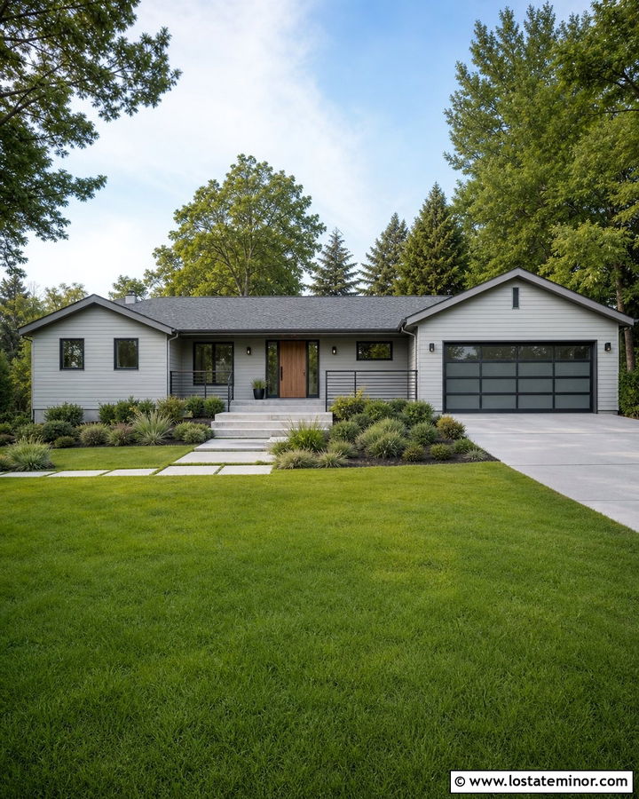 Light Grey Ranch With Horizontal Metal Railings - 30 Light Grey House Design With Railings Ideas