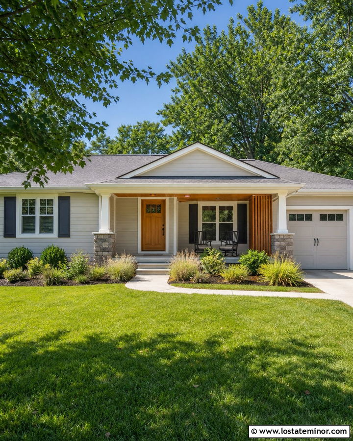 Light Grey Ranch With Warm Wood Porch Ceiling - 30 Light Grey House Design With Porch Ceiling Ideas