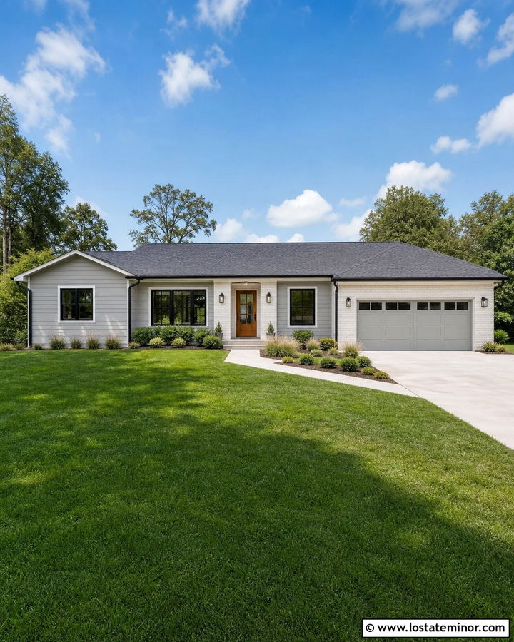 Light Grey Ranch With White Brick And Charcoal Roof - 30 Light Grey House Design With Brick Accents Ideas