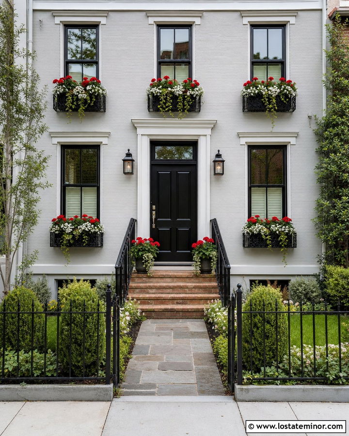 Light Grey Row House With Black Iron Window Boxes - 30 Light Grey House Design With Window Boxes Ideas