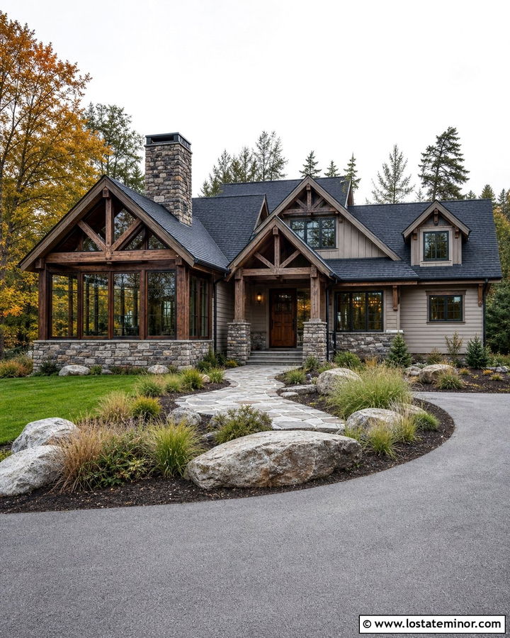 Light Grey Rustic House With Stone Sunroom - 30 Light Grey House Design With Sunroom Ideas