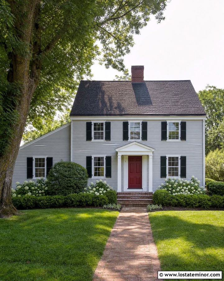 Light Grey Saltbox House With Simple Portico - 30 Light Grey House Design With Portico Ideas
