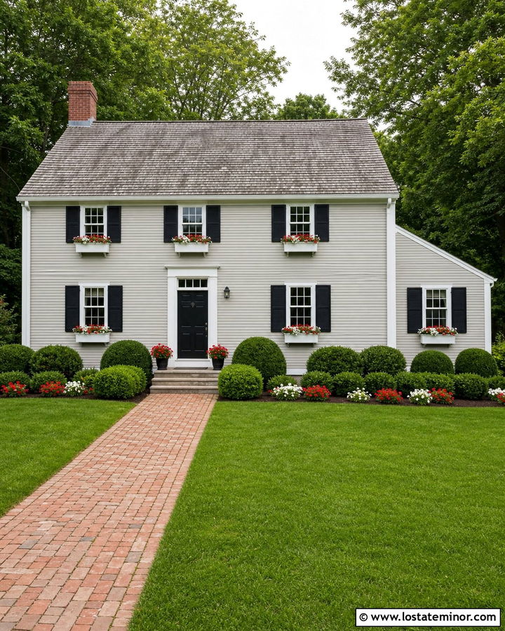 Light Grey Saltbox With White Window Boxes - 30 Light Grey House Design With Window Boxes Ideas