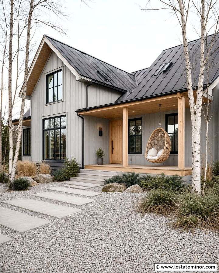 Light Grey Scandinavian House With Hanging Chair Swing - 30 Light Grey House Design With Swing Ideas