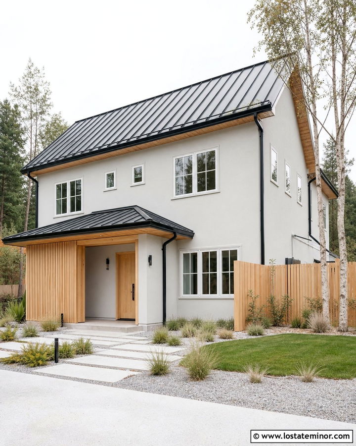 Light Grey Scandinavian House With Natural Wood Fence - 30 Light Grey House Design With Fence Ideas