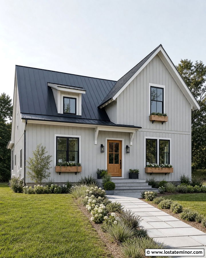 Light Grey Scandinavian House With Natural Wood Window Boxes - 30 Light Grey House Design With Window Boxes Ideas
