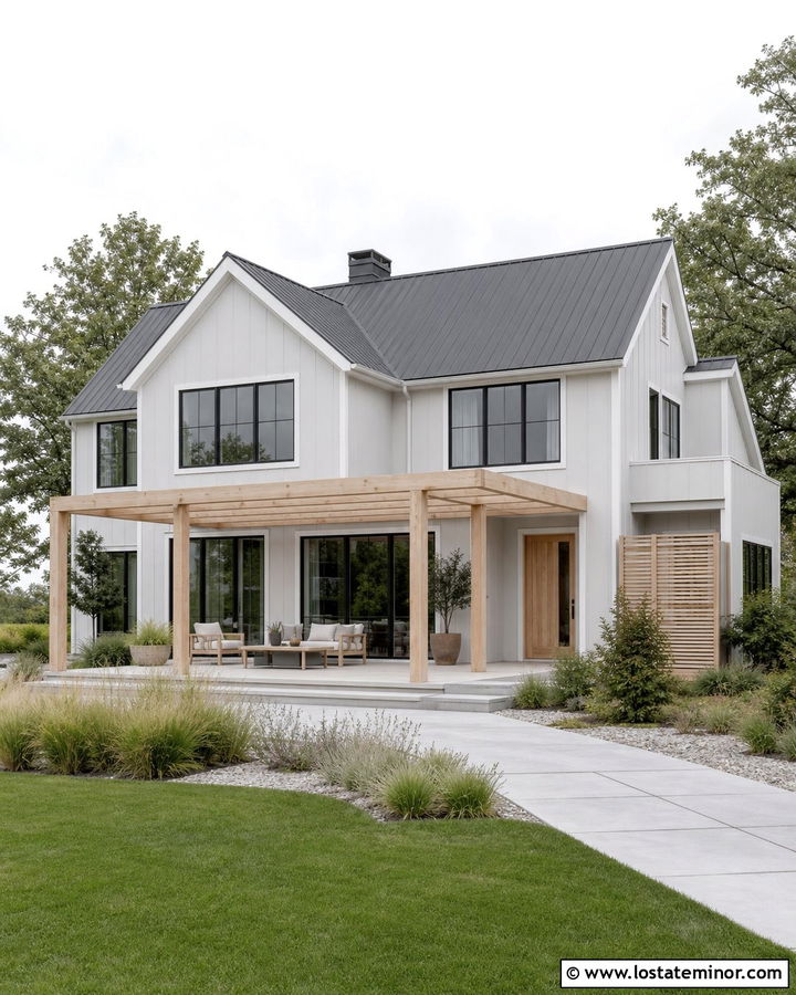 Light Grey Scandinavian House With Pale Wood Pergola - 30 Light Grey House Design With Pergola Ideas