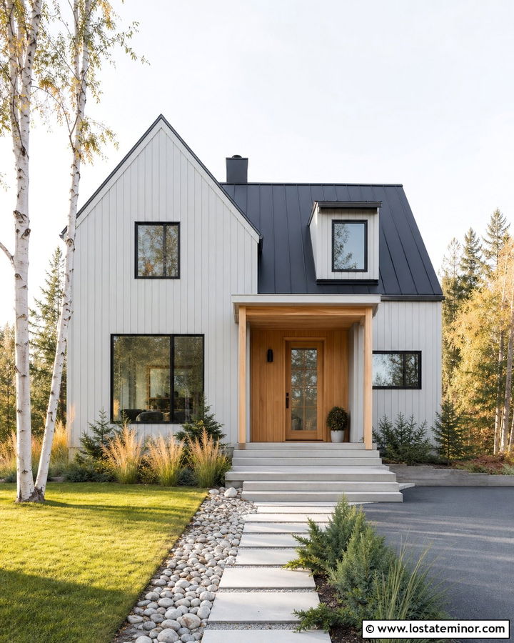 Light Grey Scandinavian House With Wood Front Porch - 30 Light Grey House Design With Front Porch Ideas
