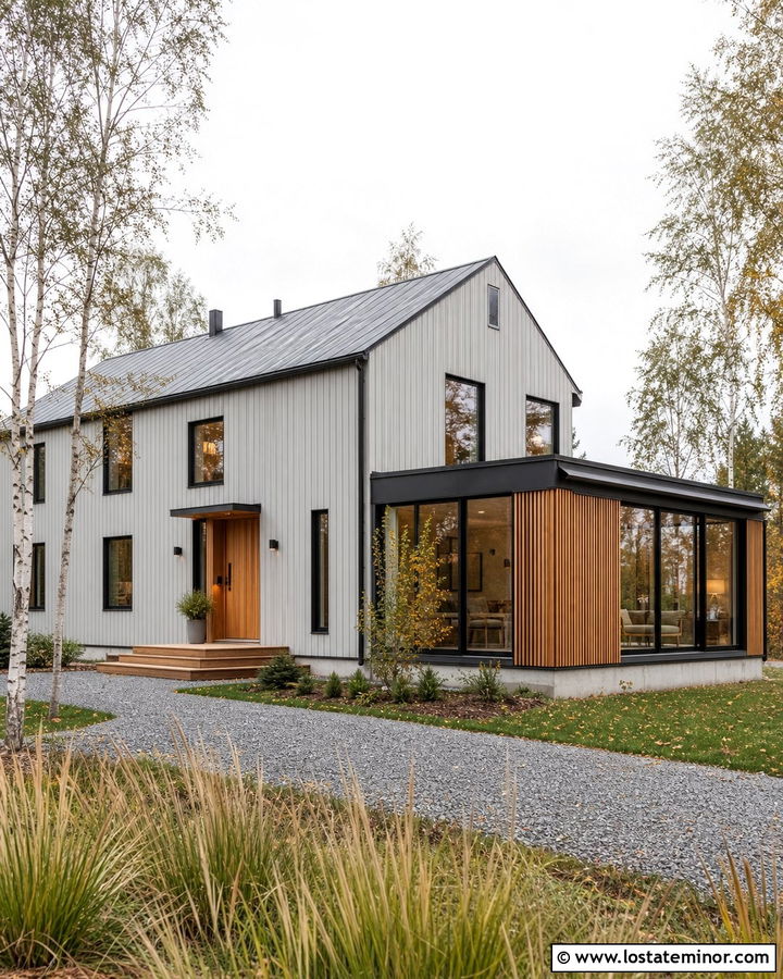 Light Grey Scandinavian House With Wood Sunroom - 30 Light Grey House Design With Sunroom Ideas