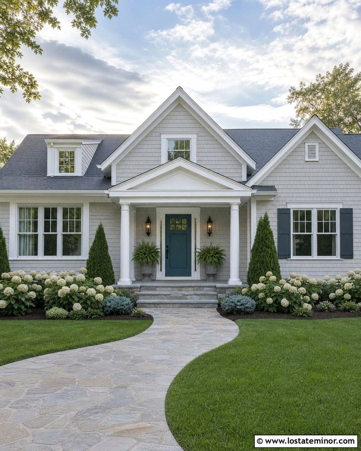 Light Grey Shake House With White Portico - 30 Light Grey House Design With Portico Ideas