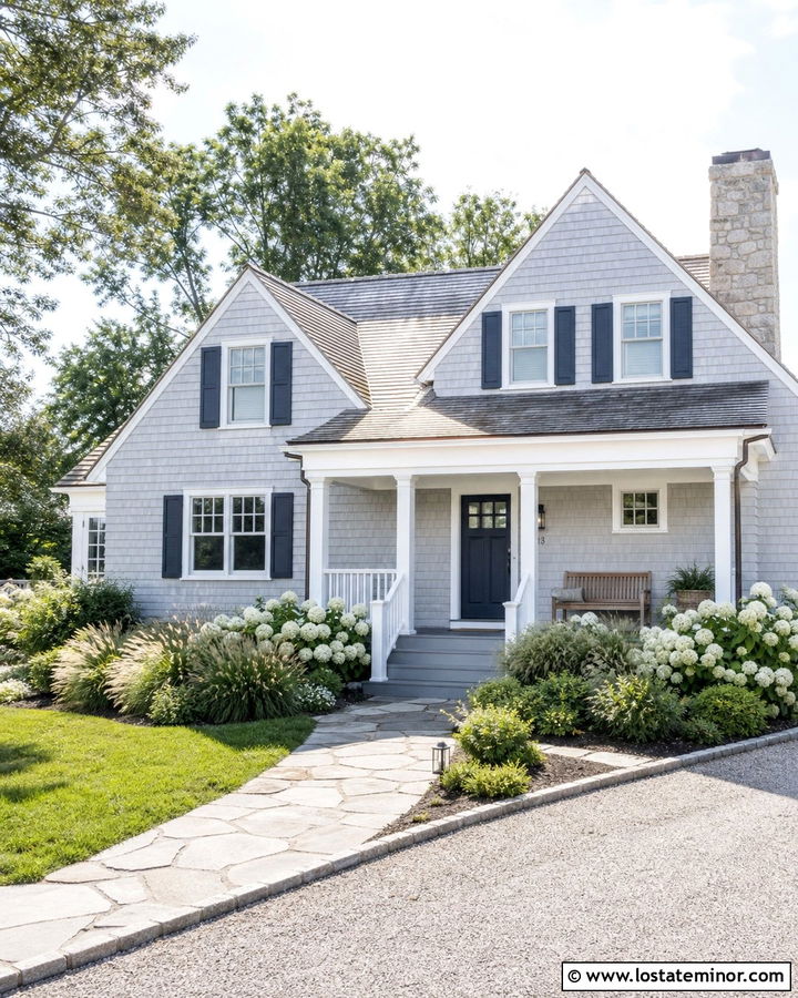 Light Grey Shake Siding House With Front Porch - 30 Light Grey House Design With Front Porch Ideas