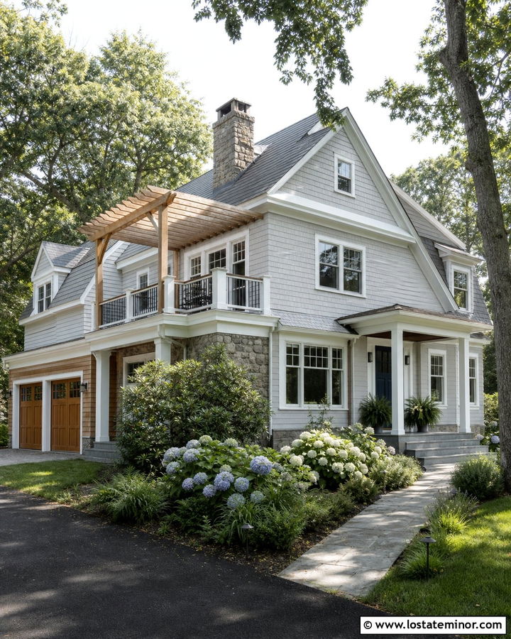Light Grey Shingle House With Cedar Pergola - 30 Light Grey House Design With Pergola Ideas