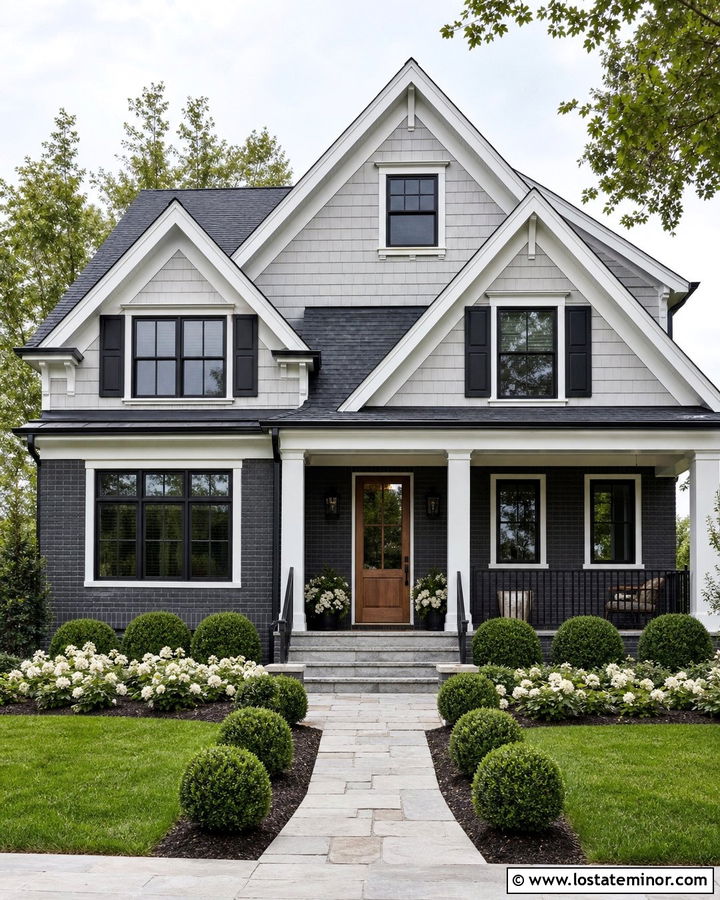 Light Grey Shingle House With Charcoal Brick - 30 Light Grey House Design With Brick Accents Ideas