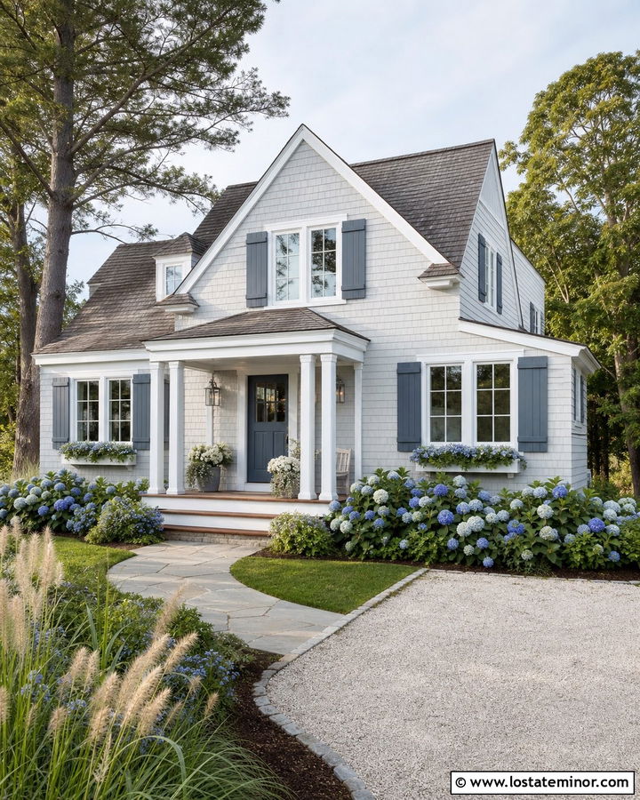 Light Grey Shingle House With Dusty Blue Door - 30 Light Grey House Design With Front Door Ideas