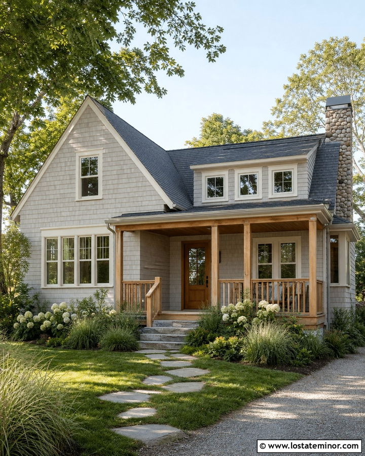 Light Grey Shingle House With Natural Wood Railings - 30 Light Grey House Design With Railings Ideas