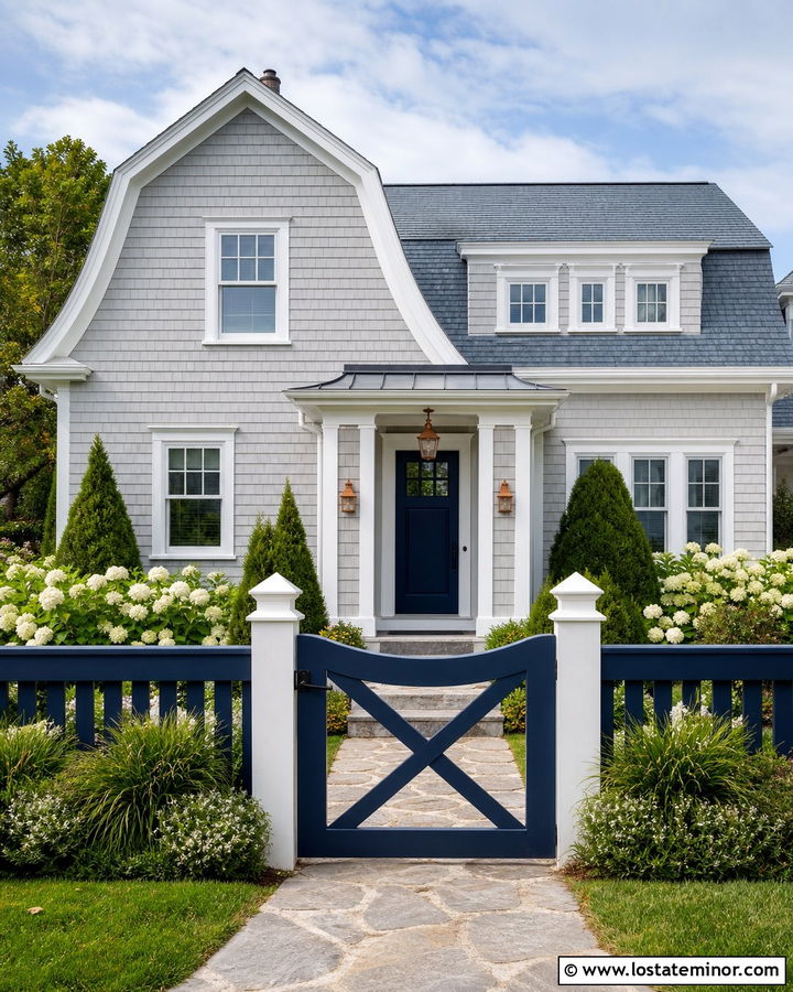 Light Grey Shingle House With Navy Fence - 30 Light Grey House Design With Fence Ideas