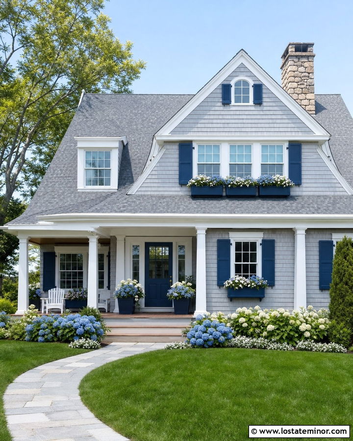 Light Grey Shingle House With Navy Window Boxes - 30 Light Grey House Design With Window Boxes Ideas