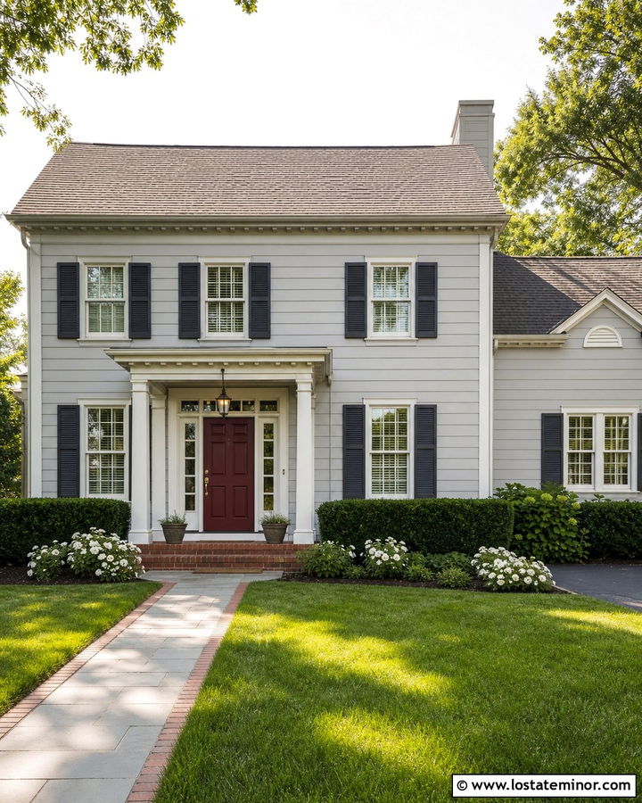 Light Grey Siding With A Burgundy Door - 30 Light Grey House Design With Siding Ideas