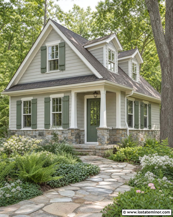Light Grey Siding With A Stone Foundation - 30 Light Grey House Design With Siding Ideas