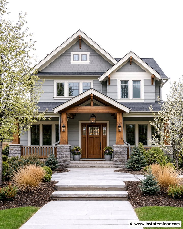 Light Grey Siding With Wood Columns - 30 Light Grey House Design With Siding Ideas