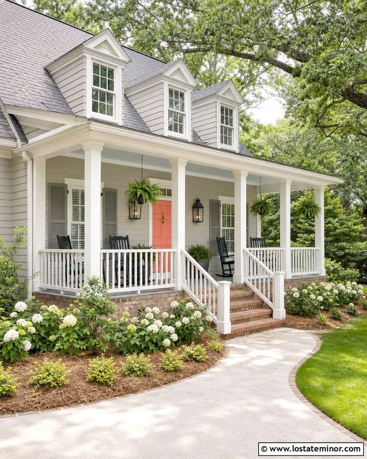 Light Grey Southern House With Coral Front Door - 30 Light Grey House Design With Front Door Ideas
