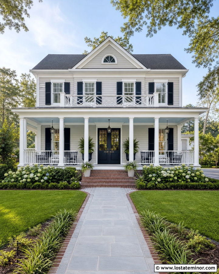 Light Grey Southern House With Double Porch Columns - 30 Light Grey House Design With Porch Columns Ideas