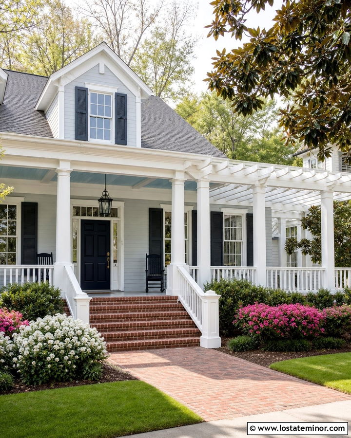 Light Grey Southern House With Porch Pergola - 30 Light Grey House Design With Pergola Ideas