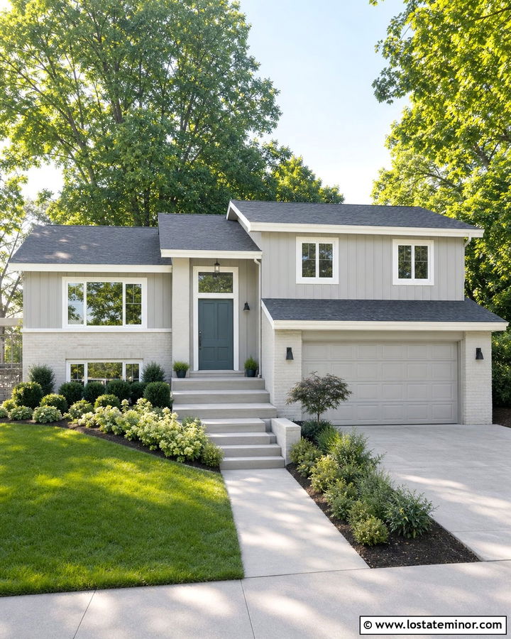 Light Grey Split Level House With Blue Green Door - 30 Light Grey House Design With Front Door Ideas