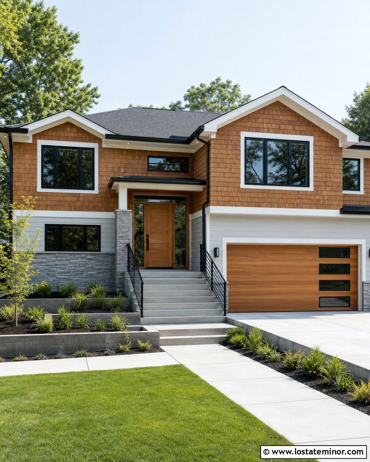 Light Grey Split Level House With Cedar Shake - 30 Light Grey House Design With Cedar Shake Ideas