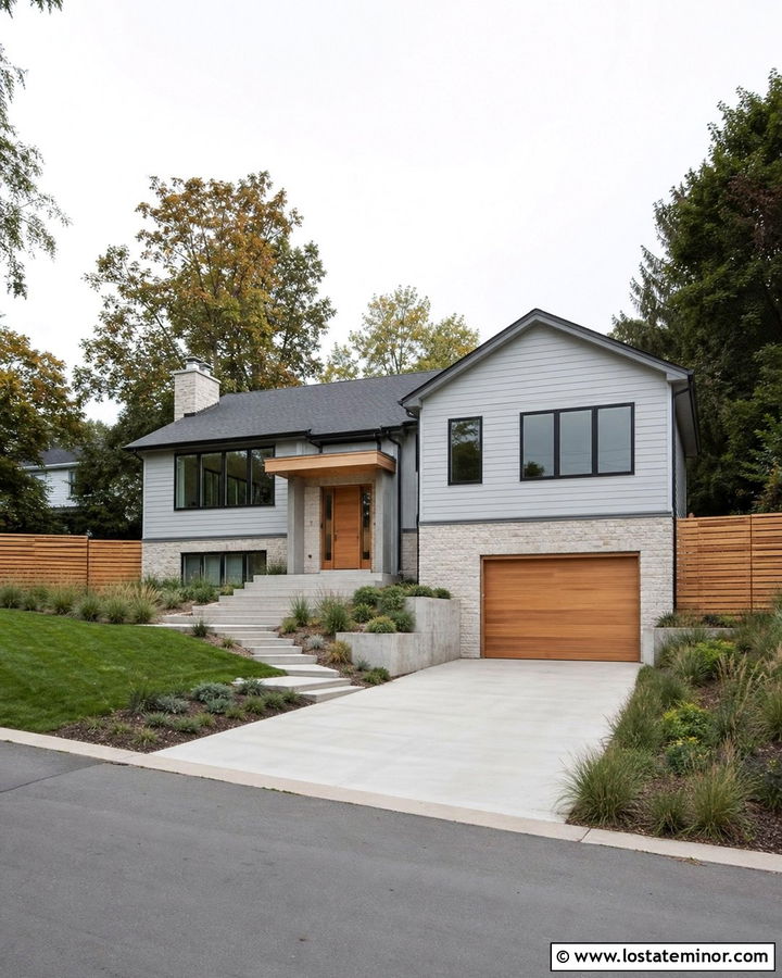 Light Grey Split Level House With Cedar Slat Fence - 30 Light Grey House Design With Fence Ideas