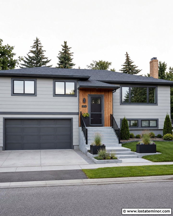 Light Grey Split Level House With Charcoal Screen Door - 30 Light Grey House Design With Screen Door Ideas