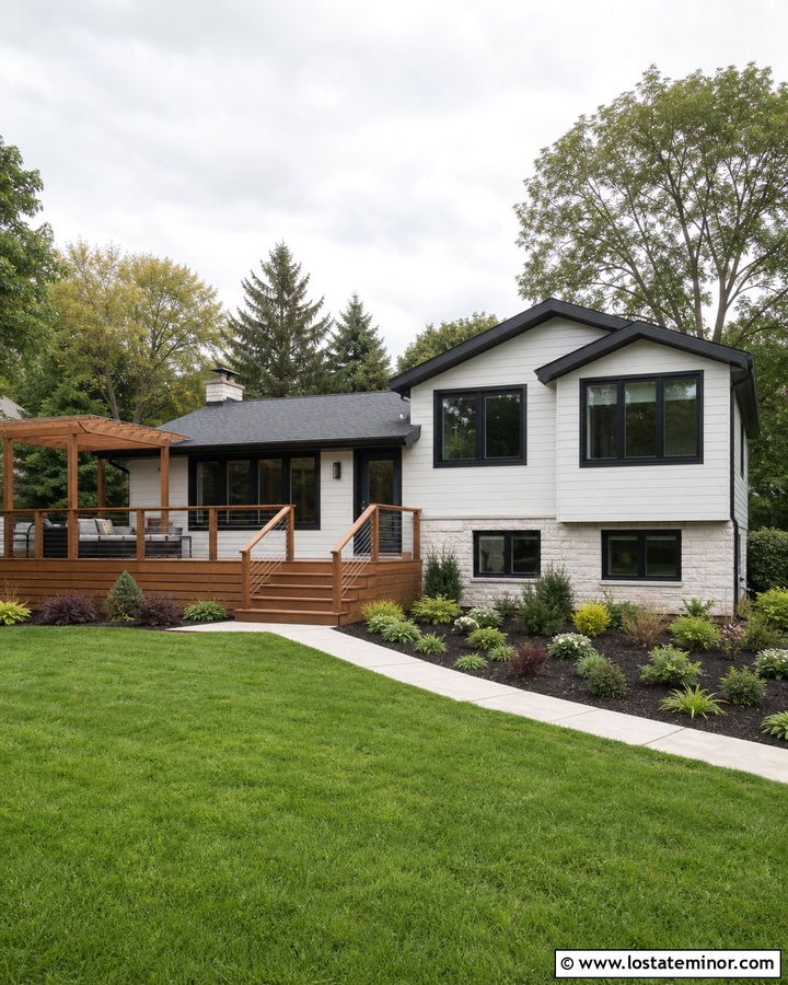 Light Grey Split Level House With Deck Pergola - 30 Light Grey House Design With Pergola Ideas