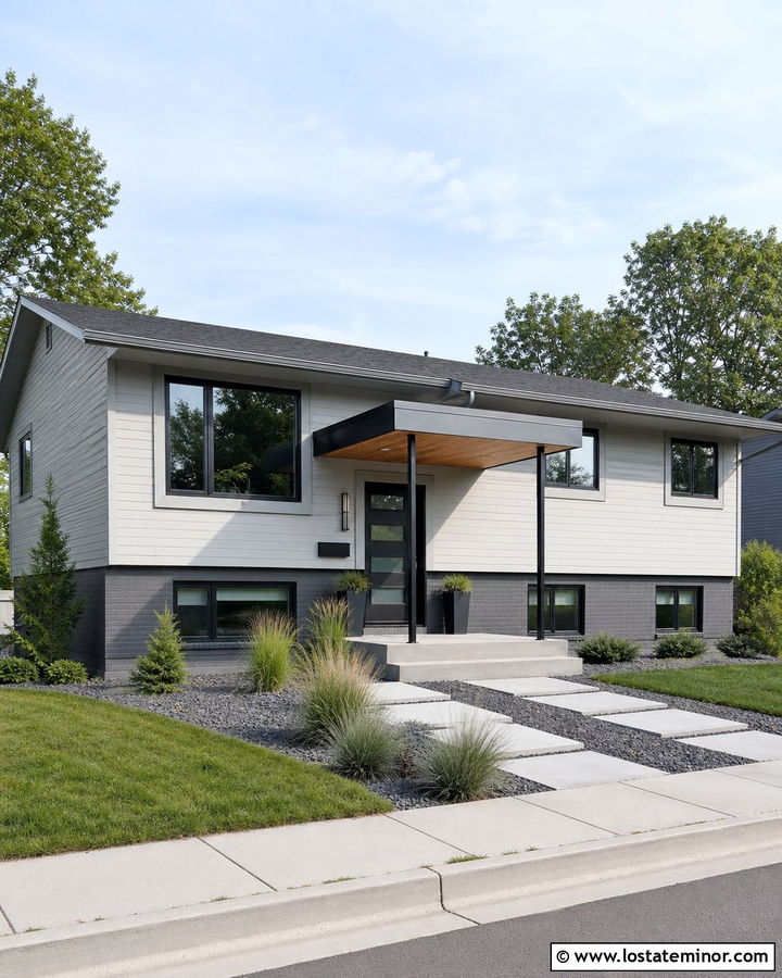 Light Grey Split Level House With Flat Portico - 30 Light Grey House Design With Portico Ideas