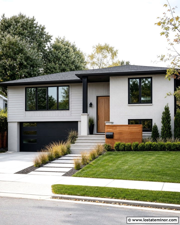 Light Grey Split Level House With Modern Mailbox - 30 Light Grey House Design With Mailbox Ideas