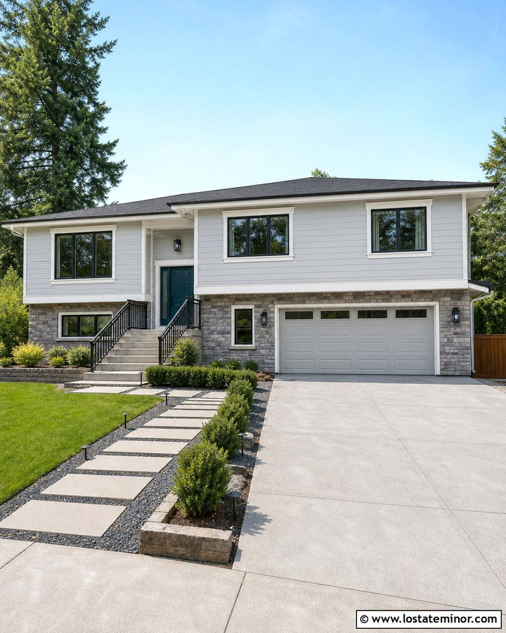 Light Grey Split Level House With Stacked Stone - 30 Light Grey House Design With Stone Accents Ideas