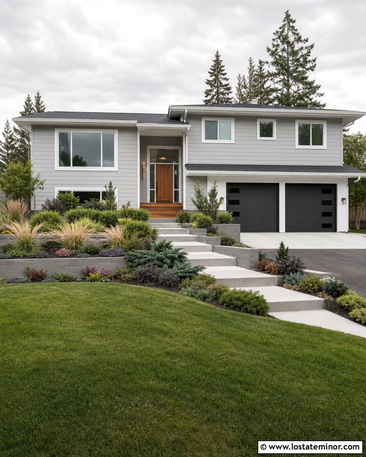 Light Grey Split Level House With Tiered Planting Beds - 30 Light Grey House Design With Front Yard Ideas