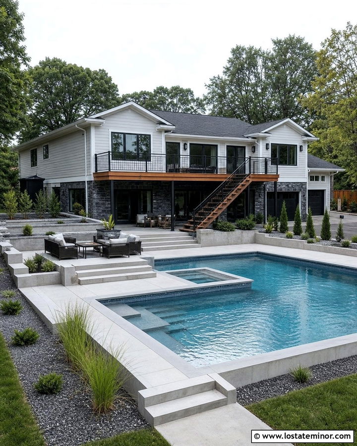 Light Grey Split Level House With Tiered Pool - 30 Light Grey House Design With Swimming Pool Ideas
