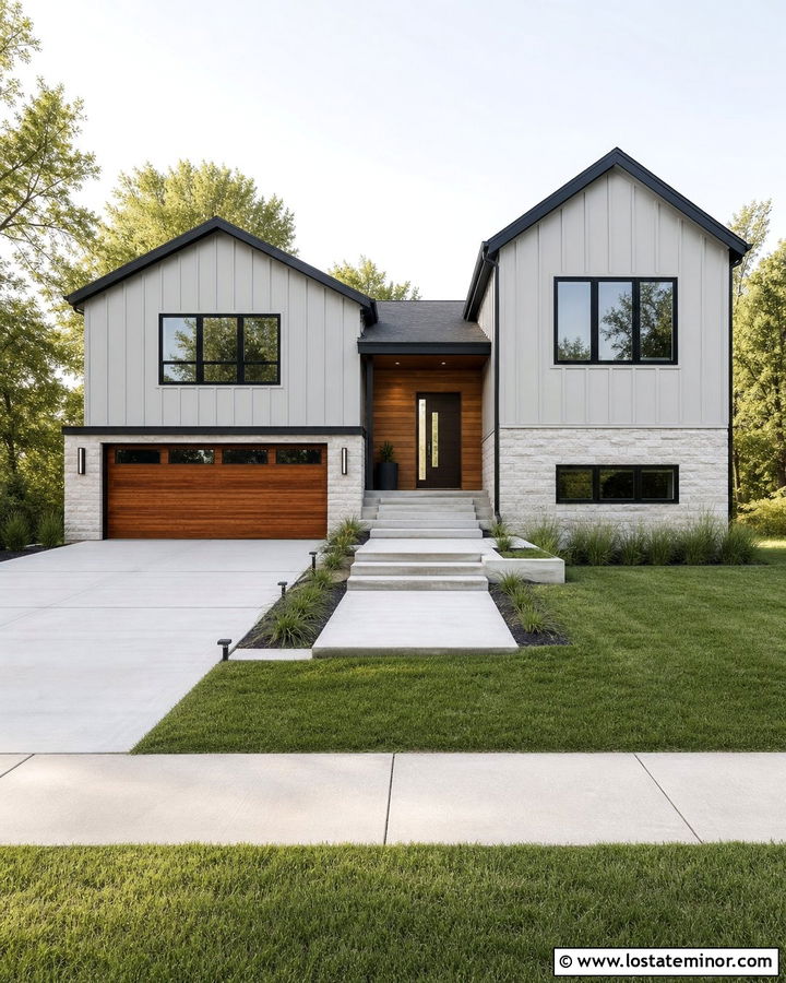 Light Grey Split Level With Asymmetrical Gables - 30 Light Grey House Design With Gables Ideas