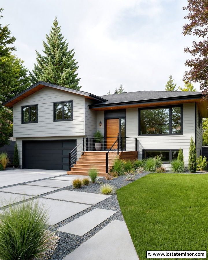 Light Grey Split Level With Cable Railings - 30 Light Grey House Design With Railings Ideas