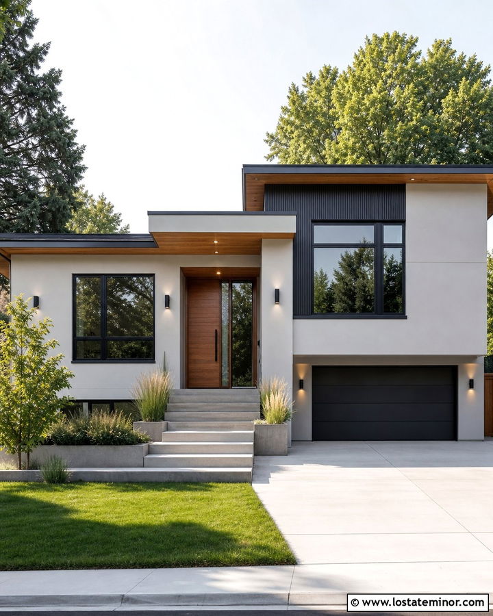 Light Grey Split Level With Cylinder Sconces - 30 Light Grey House Design With Light Fixtures Ideas