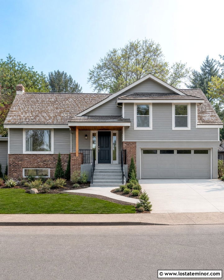 Light Grey Split Level With Driftwood Shingles - 30 Light Grey House Design With Shingles Ideas