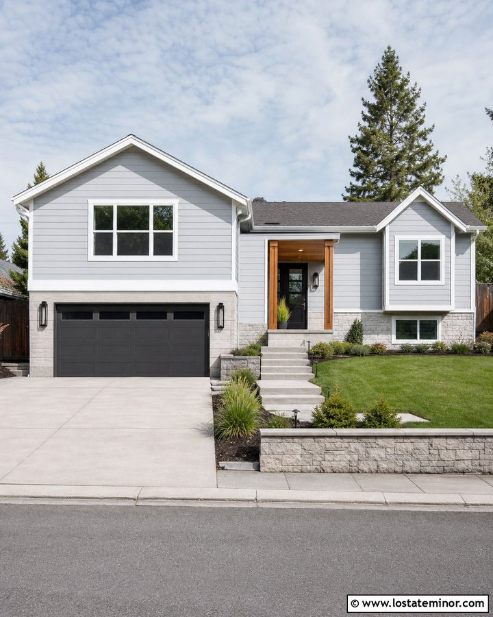 Light Grey Split Level With Garage Sconces - 30 Light Grey House Design With Lighting Ideas